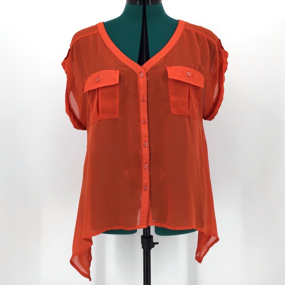 g21 Orange Sheer V-neck Blouse, Medium